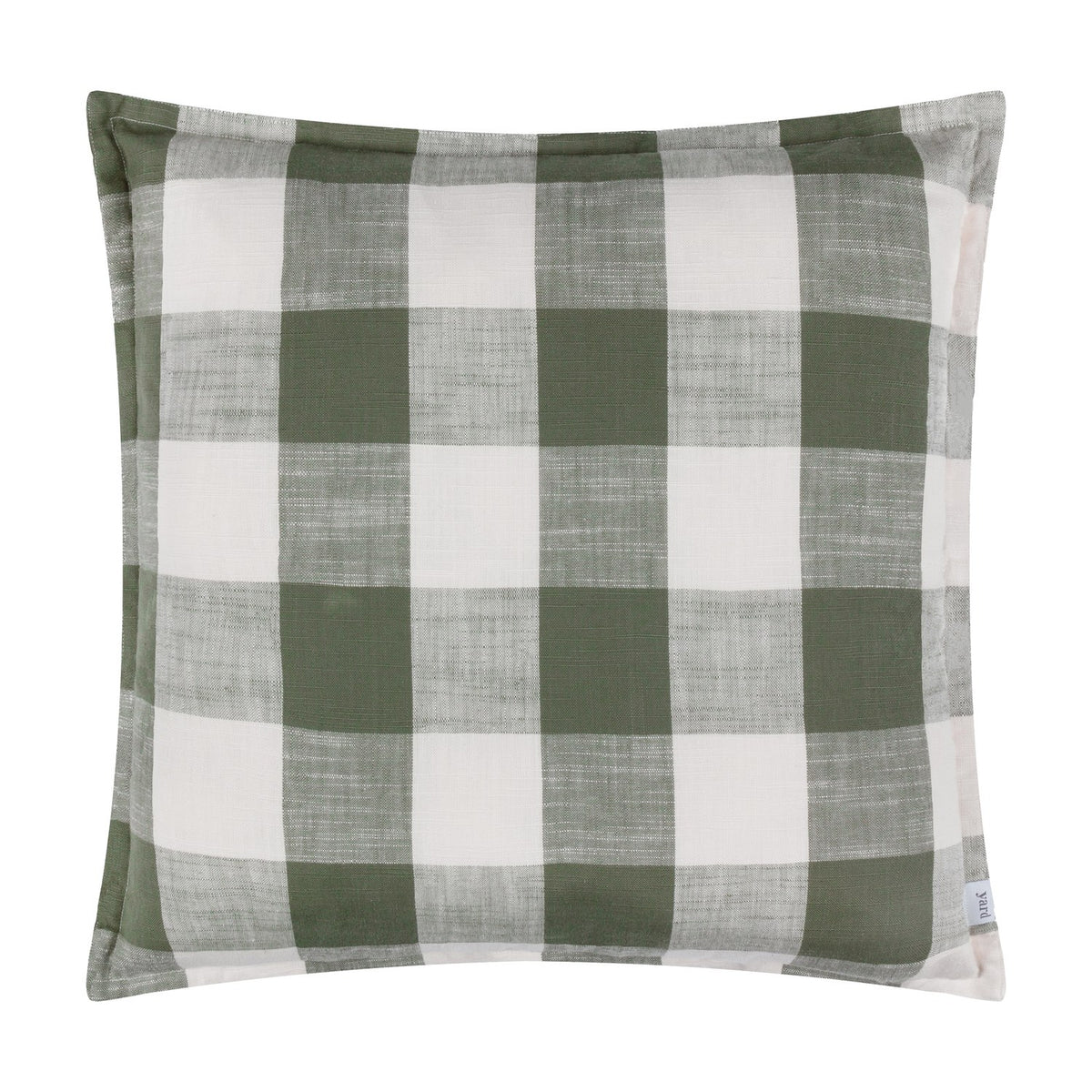 Chesil Check Printed Cotton Cushion in Moss, a square cushion with a large buffalo check pattern in moss green and off-white, shown against a plain white background.