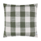 Chesil Check Printed Cotton Cushion in Moss, a square cushion with a large buffalo check pattern in moss green and off-white, shown against a plain white background.