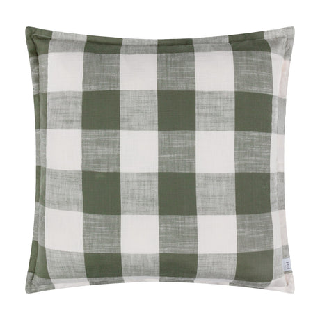 Chesil Check Printed Cotton Cushion in Moss, a square cushion with a large buffalo check pattern in moss green and off-white, shown against a plain white background.
