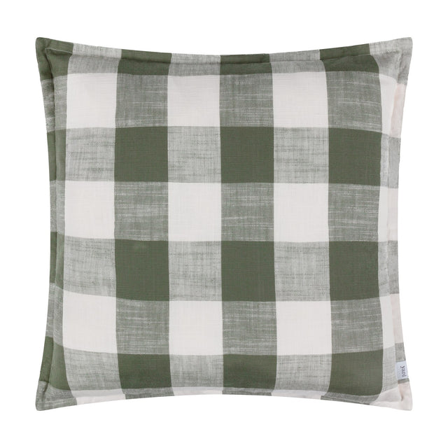 Chesil Check Printed Cotton Cushion in Moss, a square cushion with a large buffalo check pattern in moss green and off-white, shown against a plain white background.