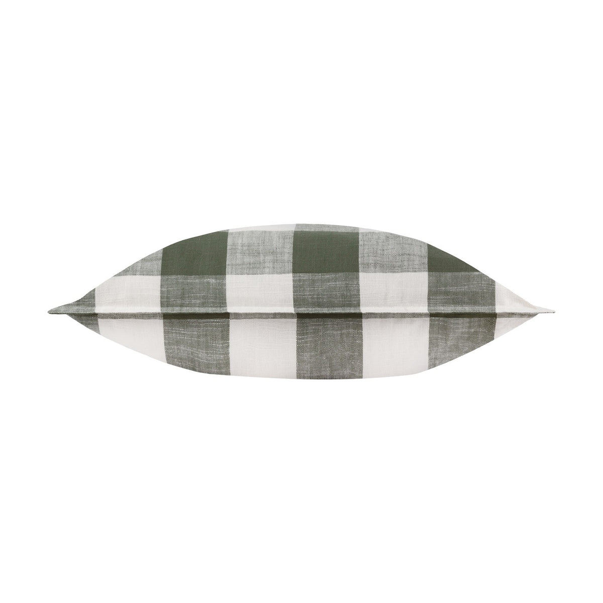 Chesil Check Printed Cotton Cushion in moss green and off-white buffalo check, shown end-on against a plain white background to highlight its flat oxford edge.