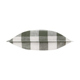 Chesil Check Printed Cotton Cushion in moss green and off-white buffalo check, shown end-on against a plain white background to highlight its flat oxford edge.
