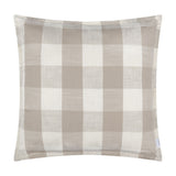 Chesil Check Printed Cotton Cushion in Natural, a square cushion with a beige and off-white check pattern and flat oxford border, shown on a plain white background.