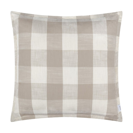 Chesil Check Printed Cotton Cushion in Natural, a square cushion with a beige and off-white check pattern and flat oxford border, shown on a plain white background.