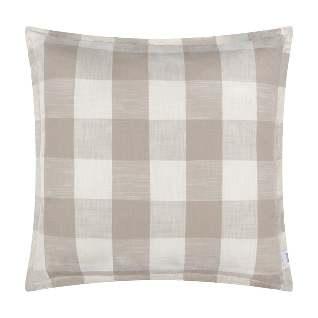 Chesil Check Printed Cotton Cushion in Natural, a square cushion with a beige and off-white check pattern and flat oxford border, shown on a plain white background.