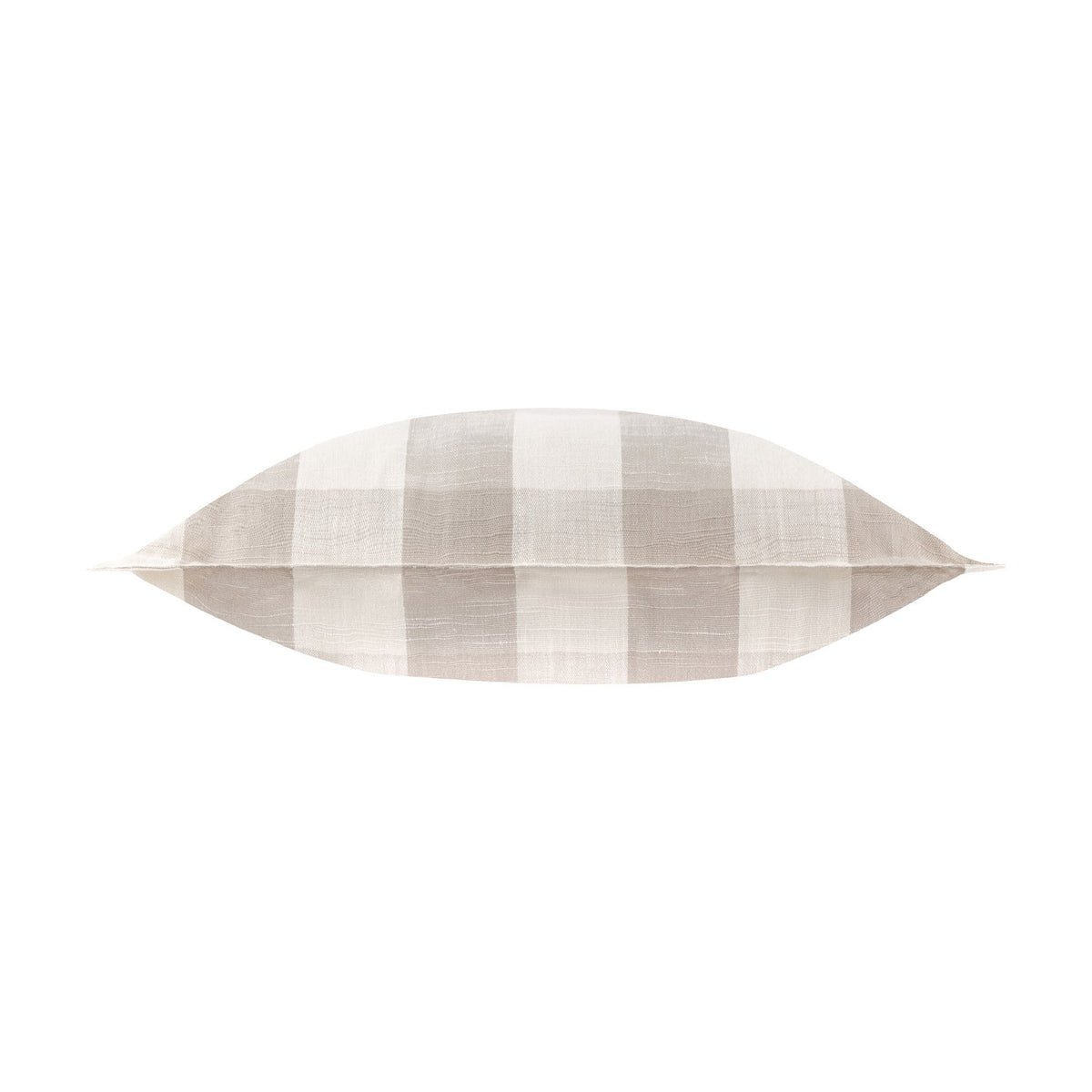 Chesil Check Printed Cotton Cushion in Natural, shown flat lengthwise with a beige and off-white check pattern and oxford border, on a plain white background.