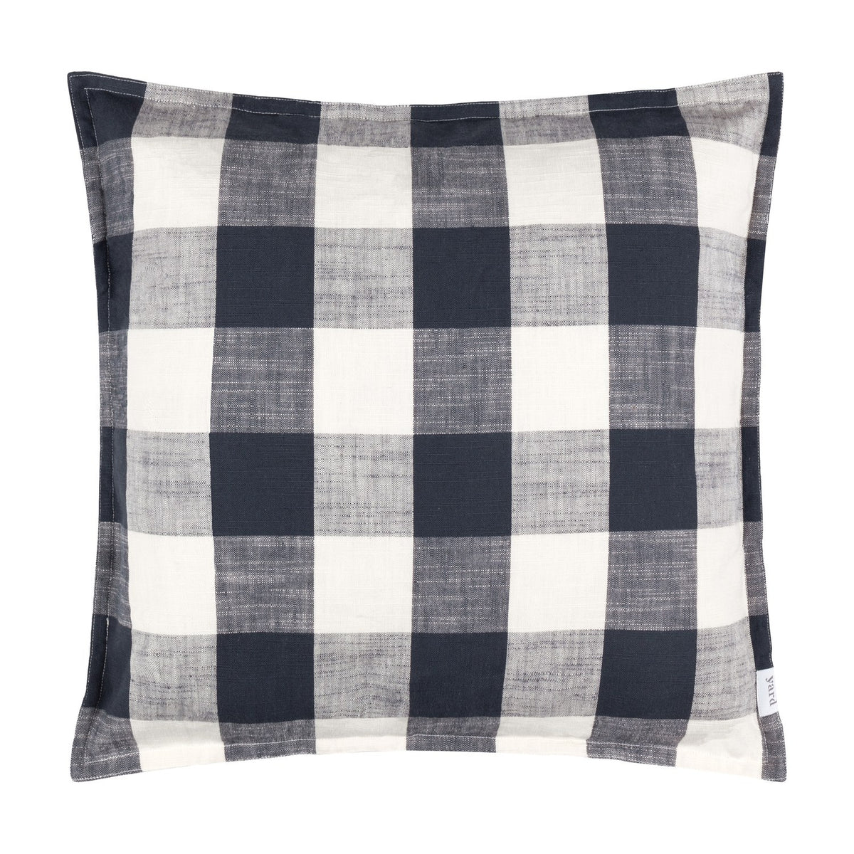 Chesil Check Printed Cotton Cushion in Navy, a 50 x 50cm square cushion with a large buffalo check pattern in navy and cream, shown against a plain white background.