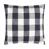 Chesil Check Printed Cotton Cushion in Navy, a 50 x 50cm square cushion with a large buffalo check pattern in navy and cream, shown against a plain white background.
