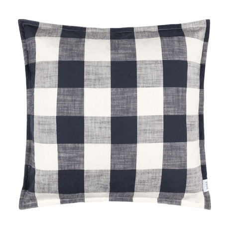 Chesil Check Printed Cotton Cushion in Navy, a 50 x 50cm square cushion with a large buffalo check pattern in navy and cream, shown against a plain white background.