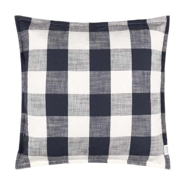 Chesil Check Printed Cotton Cushion in Navy, a 50 x 50cm square cushion with a large buffalo check pattern in navy and cream, shown against a plain white background.