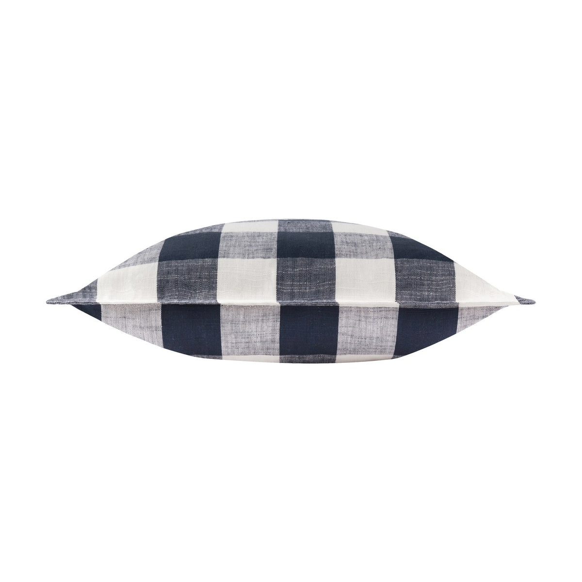 Chesil Check cotton cushion shown lengthwise, displaying a bold navy and cream buffalo check pattern on both sides, against a plain white background.