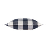 Chesil Check cotton cushion shown lengthwise, displaying a bold navy and cream buffalo check pattern on both sides, against a plain white background.