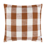 Chesil Check Printed Cotton Cushion in Pecan, a square cushion with a large-scale gingham print in brown and off-white, finished with a flat flange edge, shown on a plain white background.
