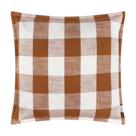 Chesil Check Printed Cotton Cushion in Pecan, a square cushion with a large-scale gingham print in brown and off-white, finished with a flat flange edge, shown on a plain white background.