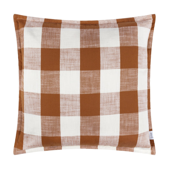 Chesil Check Printed Cotton Cushion in Pecan, a square cushion with a large-scale gingham print in brown and off-white, finished with a flat flange edge, shown on a plain white background.