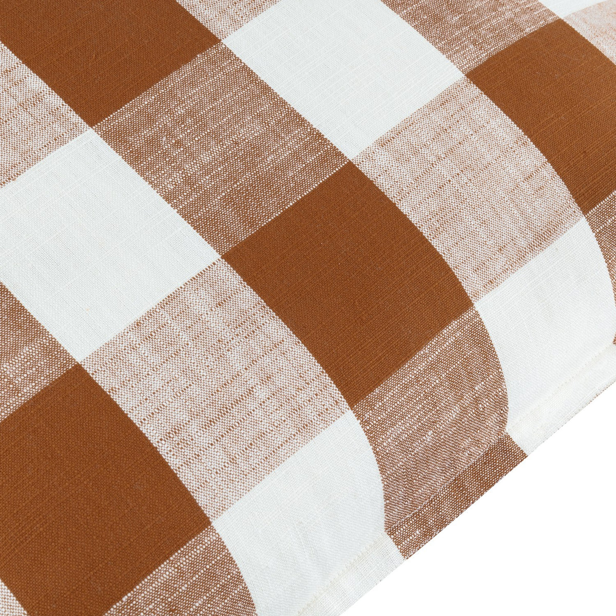 Chesil Check cushion in pecan brown, close-up of the large-scale gingham print showing the woven cotton texture in warm brown and off-white checks.