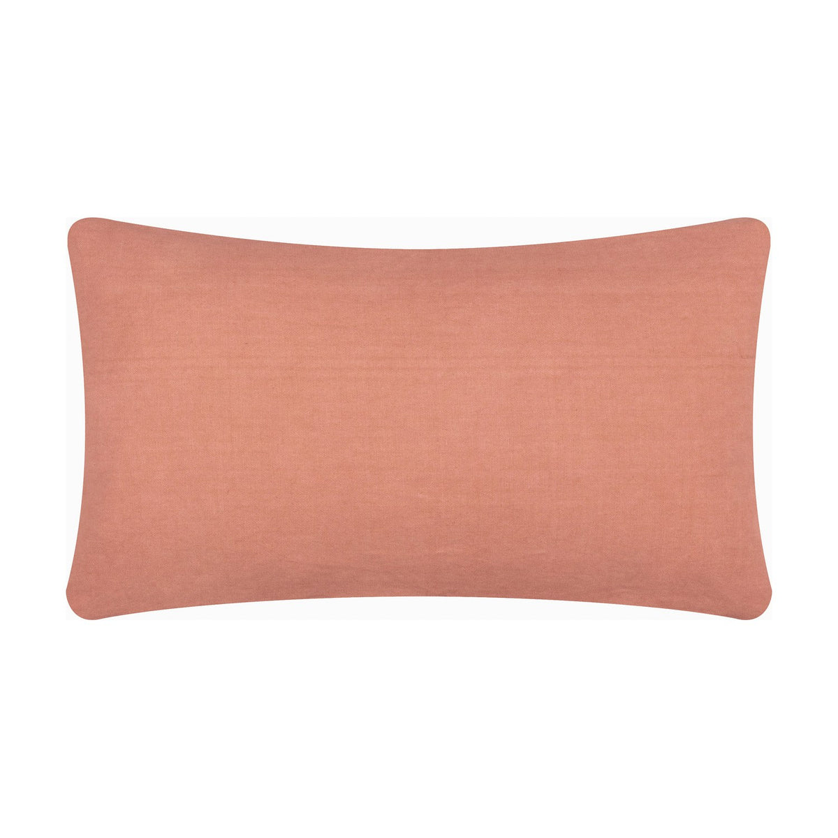 Rectangular cotton cushion in plain blush pink, shown reverse side with piped edge, on a white background.