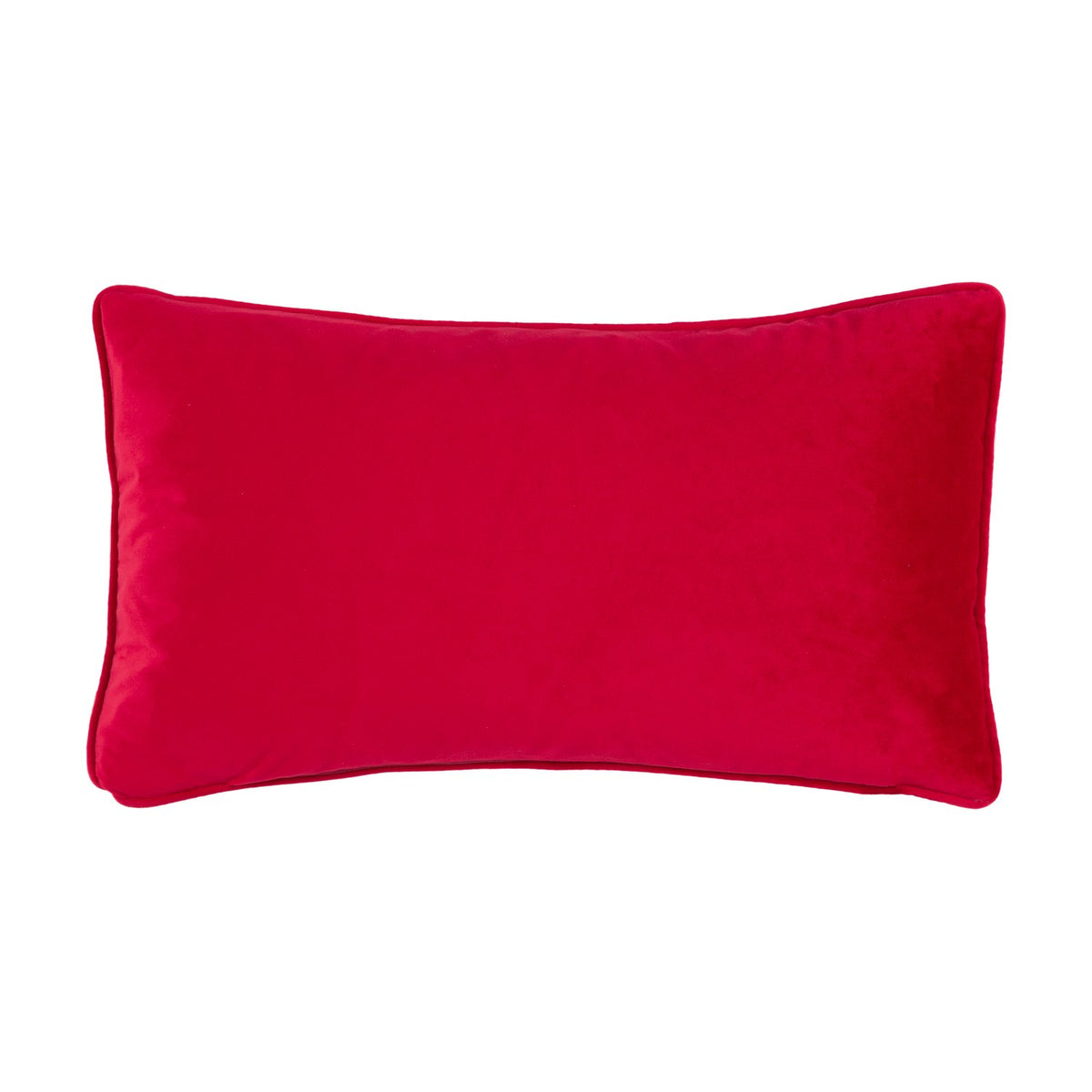 Rectangular red velvet cushion with piped edging, plain reverse side shown, on a white background.