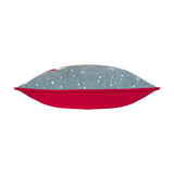 Side view of the Christmas Animal Velvet Cushion showing a grey printed front with snowflakes and a solid red velvet back, on a plain white background.