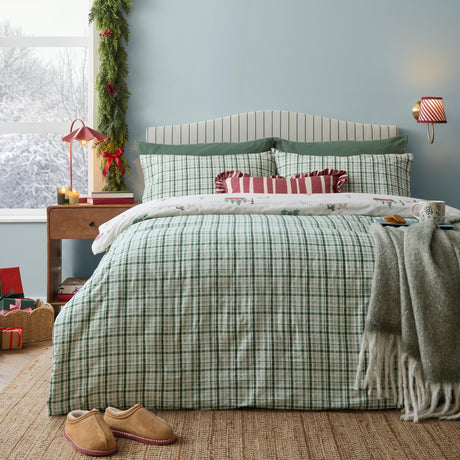Christmas Tree Lane Check Duvet Cover Set - Natural/Sage