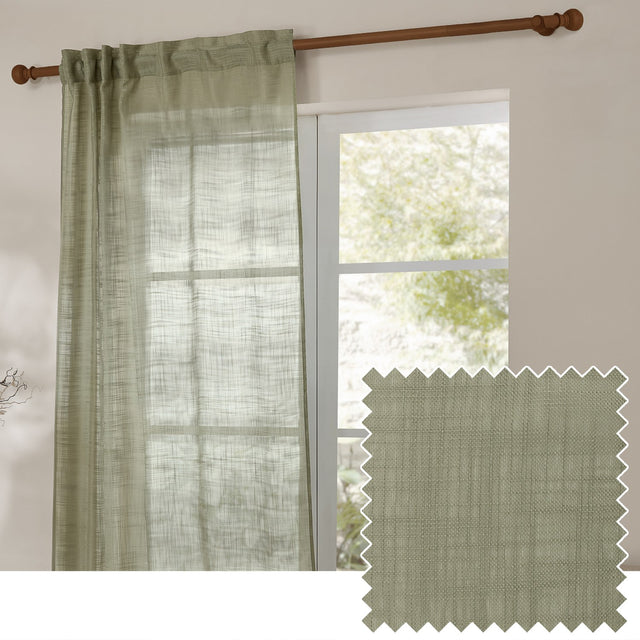 Cirrus sheer curtain panel in eucalyptus green polyester with slubbed cross-hatch weave, hidden tab top header on wooden pole beside a window, plus fabric swatch.