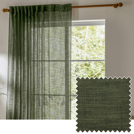 Cirrus Plain Polyester Curtain Panel in forest green, sheer slubbed-weave fabric hung from wooden rod with tab-top heading, shown by a window with a fabric swatch inset.