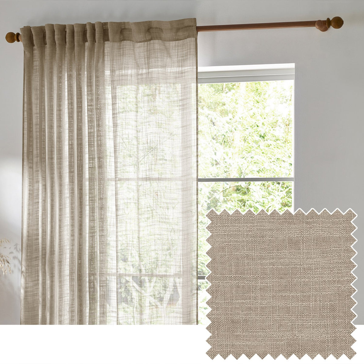 Cirrus Plain Linen Curtain Panel in beige, sheer woven fabric hung on a wooden pole by a window, with a fabric swatch inset showing the loose weave texture.