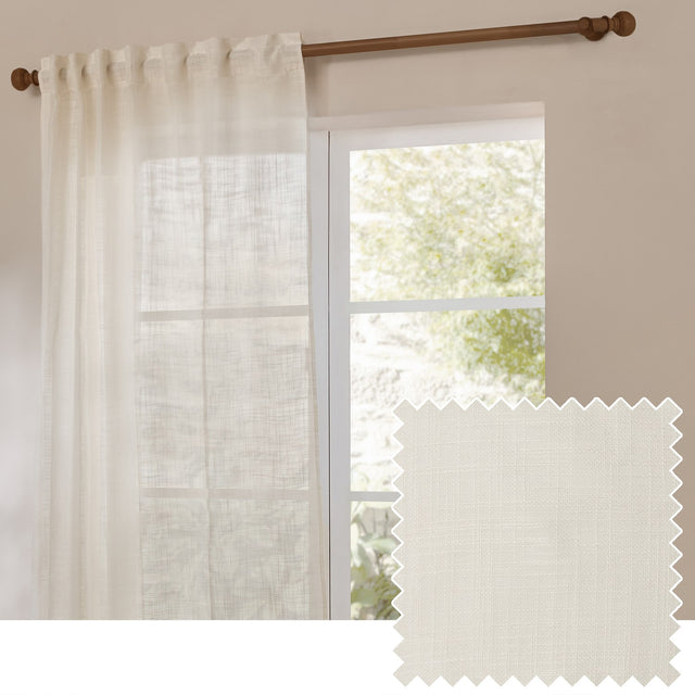 Cirrus Plain Polyester Curtain Panel in pearl cream, sheer woven fabric hung on a wooden rod by a window, with a fabric swatch inset showing the textured weave.