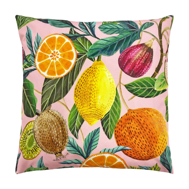 Square polyester cushion in the Citrus Abstract print, showing a halved orange, whole lemon, stippled orange, fig and kiwi slice among green leaves on a pink ground.