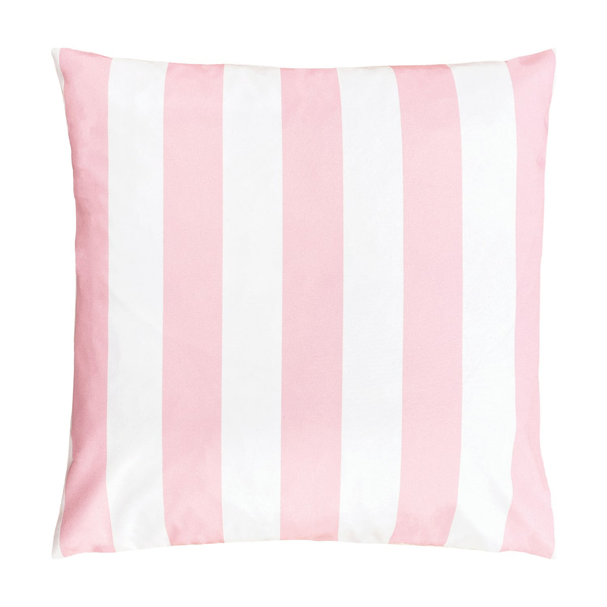 Square polyester cushion in a pink and white block stripe pattern on the reverse face, shown on a plain white background.