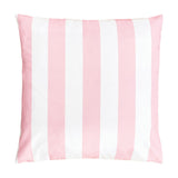 Square polyester cushion in a pink and white block stripe pattern on the reverse face, shown on a plain white background.