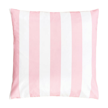 Square polyester cushion in a pink and white block stripe pattern on the reverse face, shown on a plain white background.