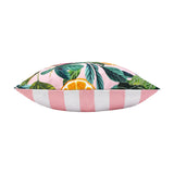 Side view of the Citrus Abstract Polyester Cushion showing citrus fruit and green foliage print on pink, with a coordinating pink and white striped reverse edge, on a plain white background.