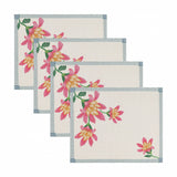 Set of four Claudia rectangular placemats in cream polyester with a blue and white ticking stripe border and a pink and amber floral design trailing from one corner.