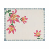 Claudia Floral Polyester Placemat in cream with pink and amber floral trail design, framed by a blue and white ticking stripe border, shown on a plain white background.
