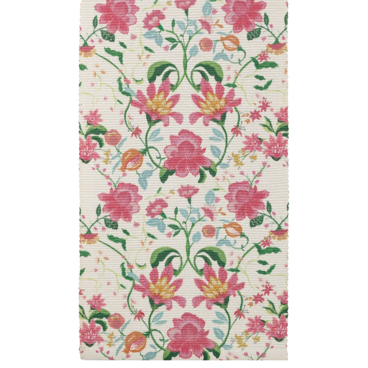 Claudia table runner in polyester, cream ground with a digitally printed floral pattern of pink and red blooms, orange and gold accents, and green foliage, shown on a plain background.