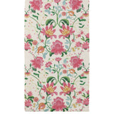 Claudia table runner in polyester, cream ground with a digitally printed floral pattern of pink and red blooms, orange and gold accents, and green foliage, shown on a plain background.
