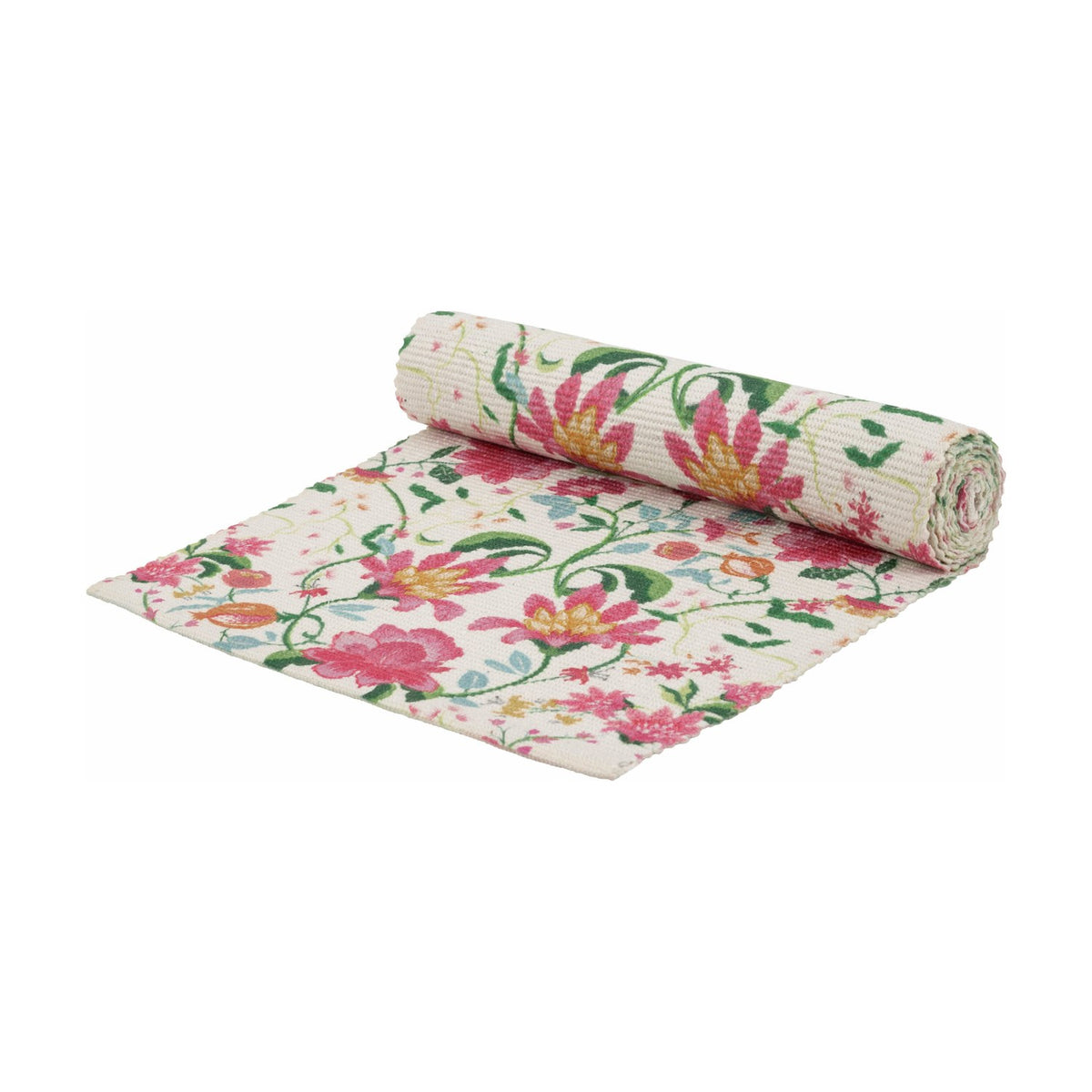 Claudia Floral Polyester Table Runner in Candy Red, partly rolled to show a digitally printed pink and red floral pattern with green foliage on a cream ground, shown on a plain white background.
