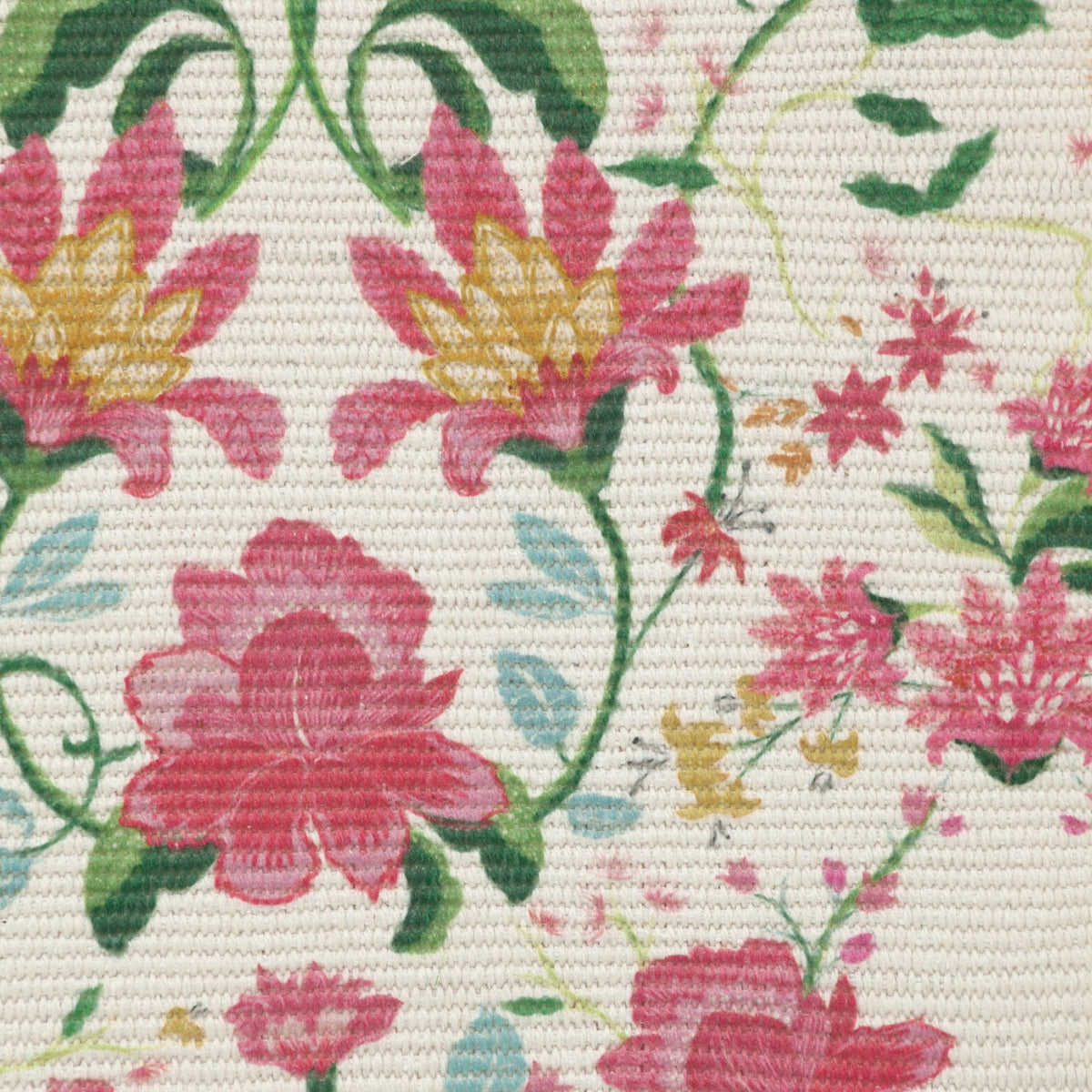 Claudia Polyester Table Runner in Candy Red, close-up of digitally printed floral pattern with pink and red blooms, gold accents and green foliage on a cream ground.