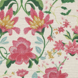 Claudia Polyester Table Runner in Candy Red, close-up of digitally printed floral pattern with pink and red blooms, gold accents and green foliage on a cream ground.