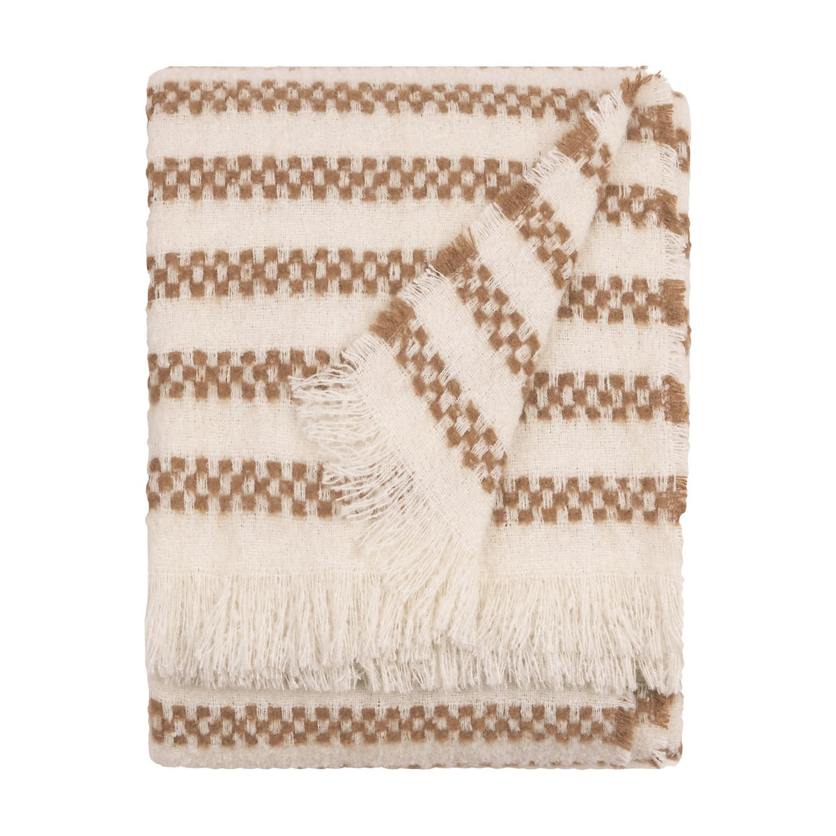 Clyne Check Polyester Throw in brown, folded on a plain white background, showing a horizontal check-stripe pattern on a cream ground with fringed edges.