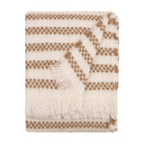 Clyne Check Polyester Throw in brown, folded on a plain white background, showing a horizontal check-stripe pattern on a cream ground with fringed edges.