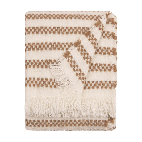 Clyne Check Polyester Throw in brown, folded on a plain white background, showing a horizontal check-stripe pattern on a cream ground with fringed edges.