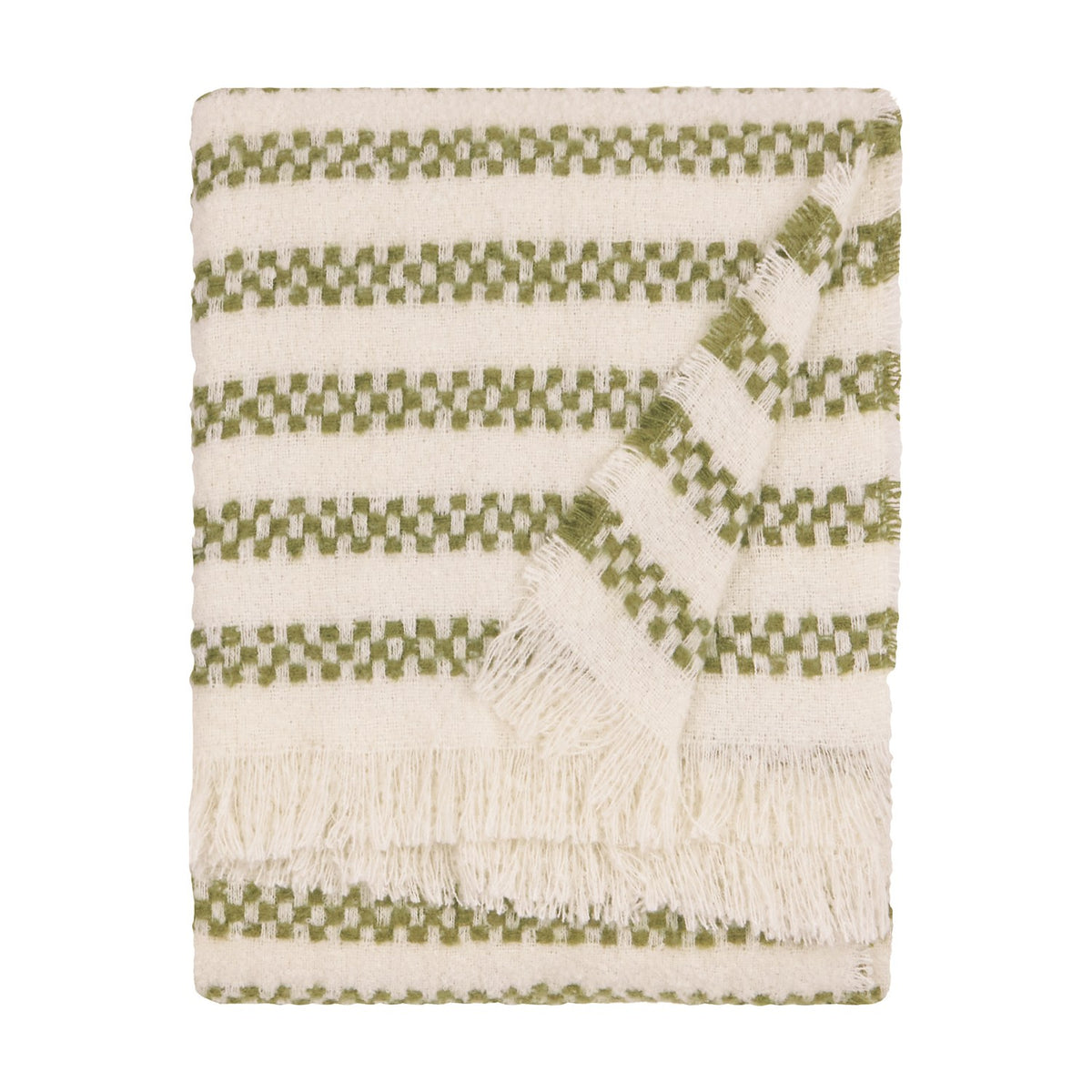 Clyne Check Polyester Throw in olive, folded neatly showing woven check-striped bands on a cream ground with fringed edges, on a plain white background.