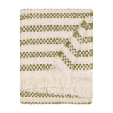 Clyne Check Polyester Throw in olive, folded neatly showing woven check-striped bands on a cream ground with fringed edges, on a plain white background.