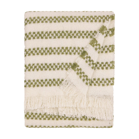 Clyne Check Polyester Throw in olive, folded neatly showing woven check-striped bands on a cream ground with fringed edges, on a plain white background.