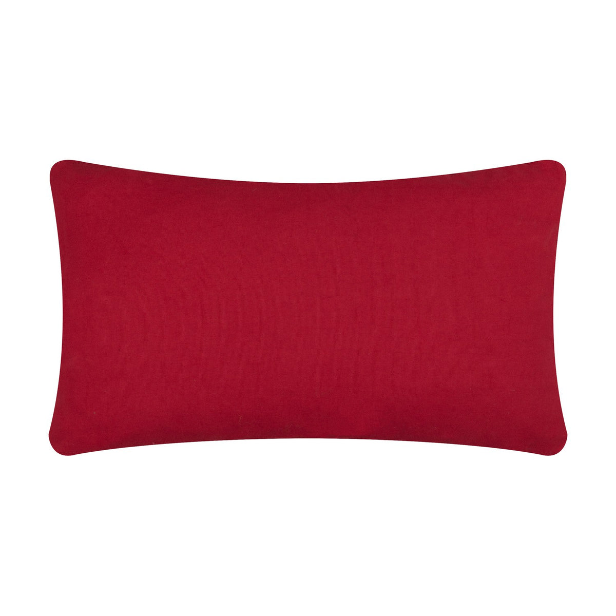 Rectangular Candy Merry Christmas cushion shown reverse side in plain red cotton fabric with piped edges, photographed on a plain white background.