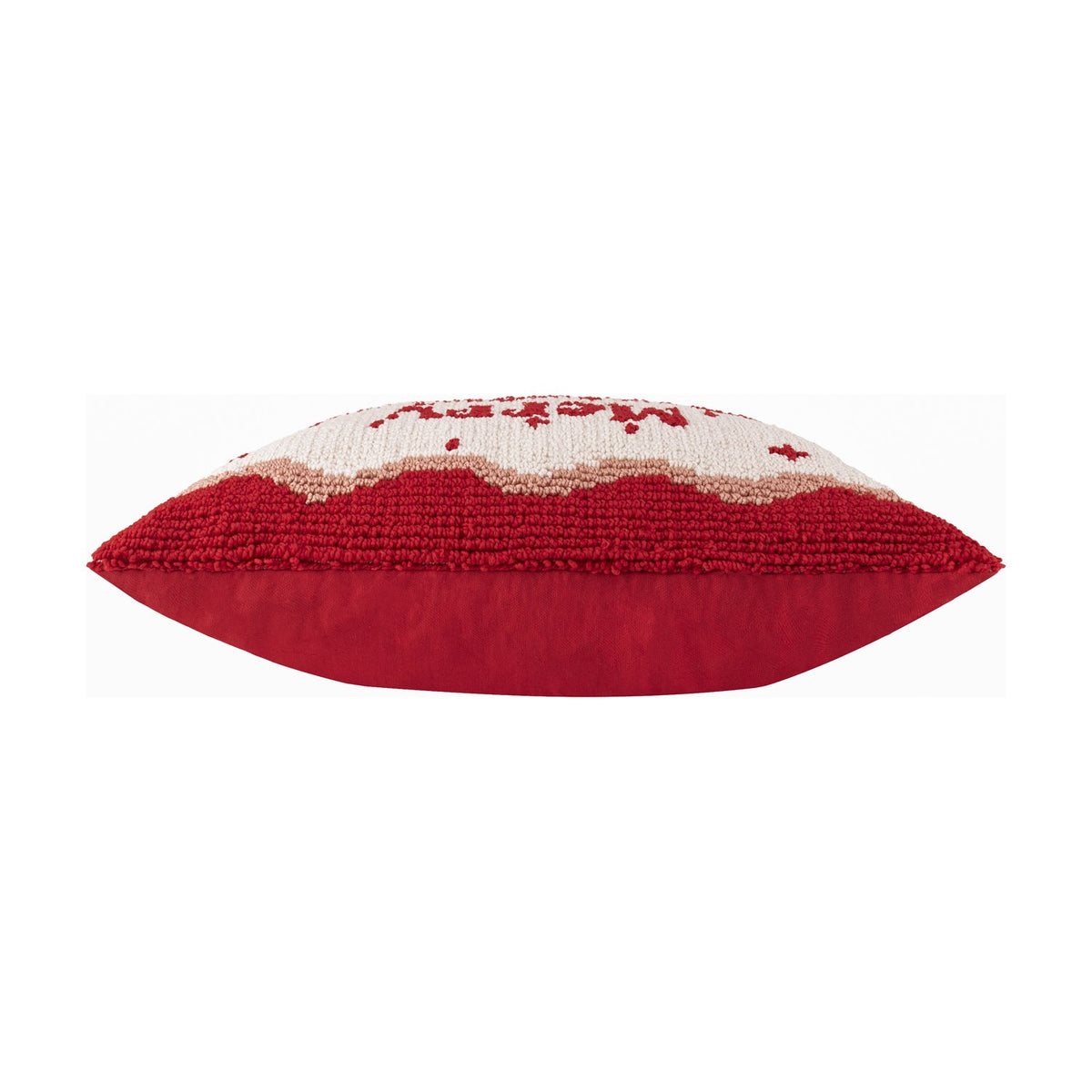 Side view of the Candy Merry Christmas Tufted Cotton Cushion, showing red fabric reverse and cream-white tufted front edge with wavy red border, on a plain white background.
