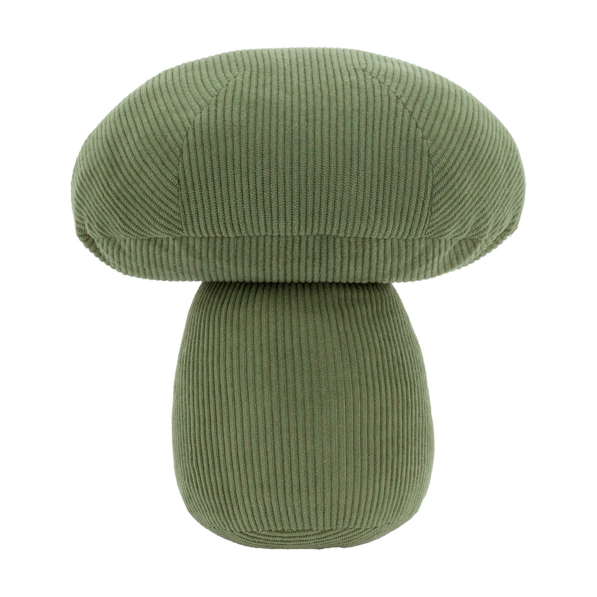 Cord Mushroom Woodland Velvet Door Stop in Forest Green, corduroy fabric with vertical ribbing on the stem and domed cap, shown on a plain white background.