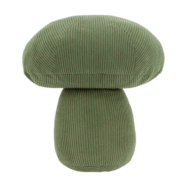 Cord Mushroom Woodland Velvet Door Stop in Forest Green, corduroy fabric with vertical ribbing on the stem and domed cap, shown on a plain white background.